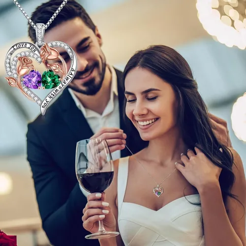 Vista 4 de Iefil Collares de corazón de rosa para mujer, plata de ley 925, collar de piedra natal de corazón rosa, regalos de cumpleaños para mujeres