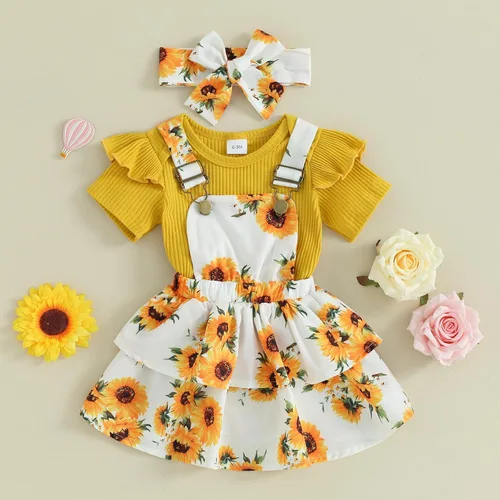 Vista 3 de Mubineo Ropa de verano para bebé niña, trajes lindos de manga corta, mameluco de manga corta, vestido con diadema, 3 piezas, traje para recién nacido