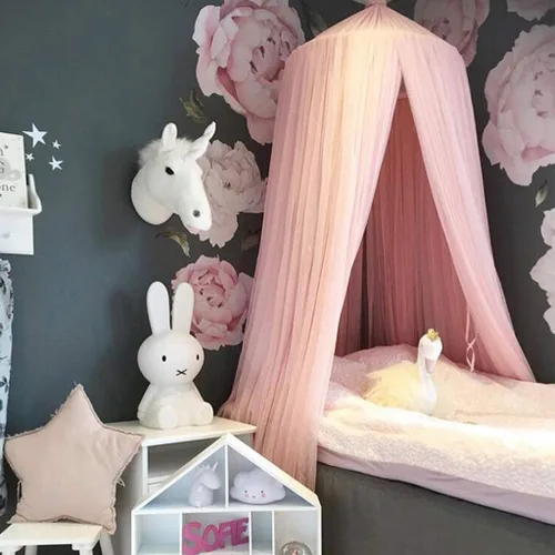 Vista 4 de Toldo para cama para niñas – Cama princesa Canopy Mosquitera Decoración de habitación de juegos cúpula Premium Hilado Netting Cortinas Baby Game Rosa
