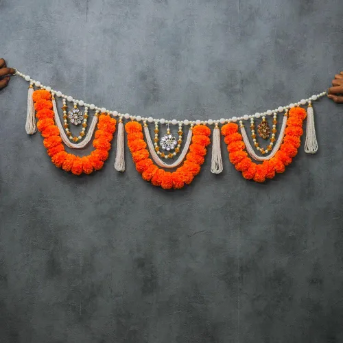 Vista 6 de Toran de lirio de caléndula de 5 pies Toran colgante de puerta Thorans indio Guirnalda de flores artificiales Pooja Mandir, puerta, decoración
