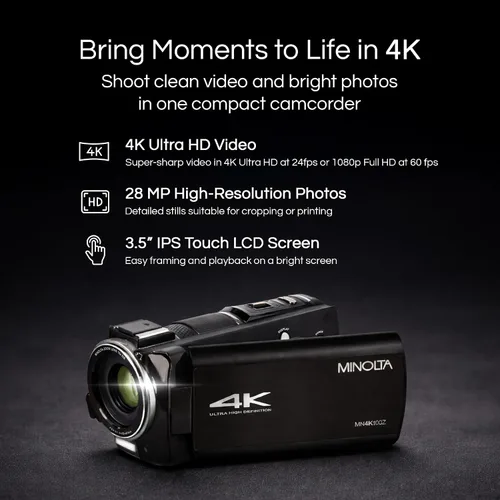 Vista 2 de Minolta Videocámara 4K Ultra HD con pantalla táctil de 3.5 pulgadas, zoom óptico de 10x, fotos de 28 MP, estabilizador digital, soporte de zapato