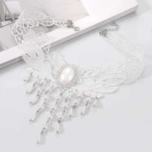 Vista 2 de Zoestar Gargantilla de encaje, collar con colgante de perlas y borlas, collar de encaje blanco vintage, accesorios de cadena para mujer