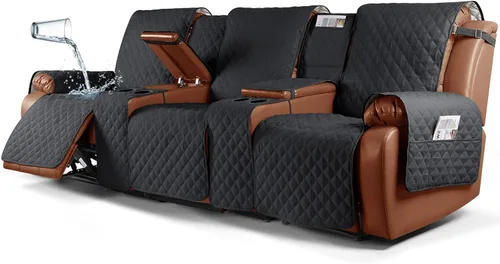 Vista 28 de Ruaozz Funda impermeable para sofá biplaza reclinable con consola, funda antideslizante para sofá reclinable dividido, con correas elásticas Beige
