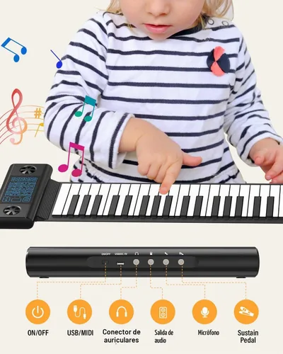 Vista 5 de KONIX Piano enrollable de 61 teclas, piano portátil mejorado para principiantes con Bluetooth/MIDI, teclado de piano enrollable de silicona