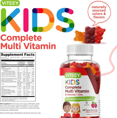 Vista 4 de Viteey Kids - Gomitas multivitamínicas para niños, vitaminas esenciales diarias completas para niños Great for Immune Support & Overall Health
