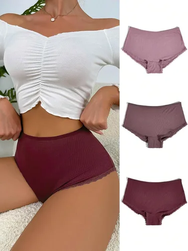 Vista 6 de OYOANGLE Ropa interior de 3 piezas de cintura alta para mujer con ribete de encaje festoneado