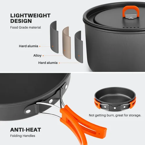 Vista 2 de Odoland 15pcs Camping Cookware Non-Stick Lightweight Camping Pots and Pans Set with Kettle Plastic Plates Bowls Soup Spoon for Camping, Backpacking
