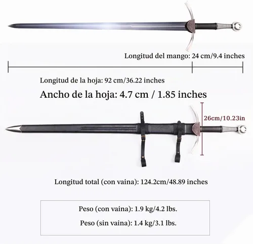 Vista 8 de Espada medieval de acero al manganeso de 48 pulgadas de 65 pulgadas