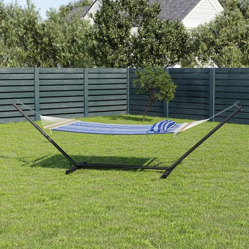 Vista 2 de GarveeLife Hamaca de 57 pulgadas para 2 personas, hamaca de algodón de diseño ampliado con soporte de metal, construcción resistente, capacidad