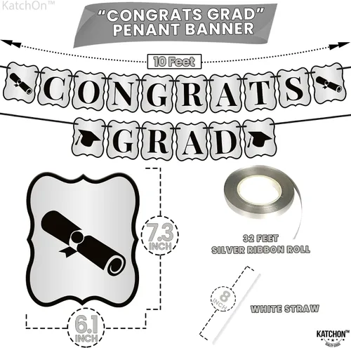Vista 5 de KatchOn, Decoraciones de fiesta de graduación plateadas 2023 – Gaint de 40 pulgadas, paquete de 43 Cartel de graduación de felicitaciones