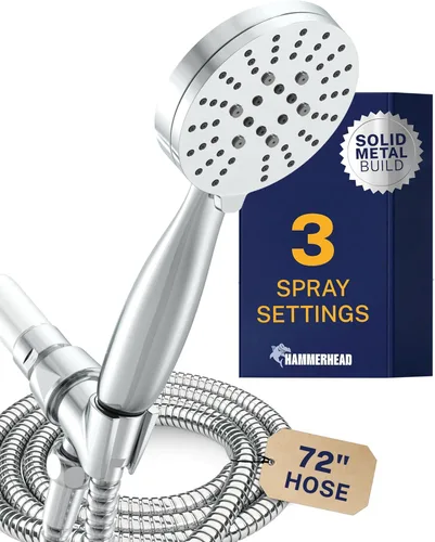 Vista 11 de HammerHead Showers Solid Metal 3-Spray Handheld Shower Head with Long Hose and Holder, High Pressure, Wide/Massage/Mist Sprays, Brushed Nickel, 1.75