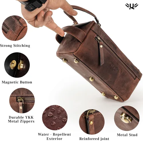 Vista 5 de Neceser de cuero hecho a mano de primera calidad para hombres y mujeres, kit de cuero genuino Dopp y bolsa de afeitar para hombres, bolsa