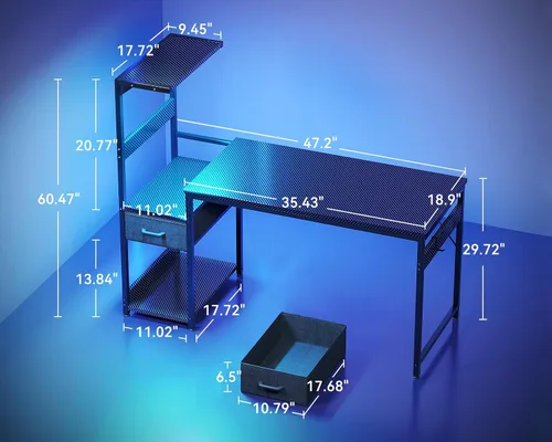 Vista 3 de Casaottima - Escritorio para juegos de 48 pulgadas con luces LED y soporte Negro fibra de carbono