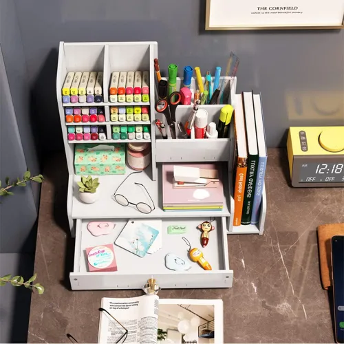 Vista 3 de Hggzeg Organizador de escritorio para bolígrafos, organizador de papelería con cajones y 2 soportes para archivos, almacenamiento de suministros