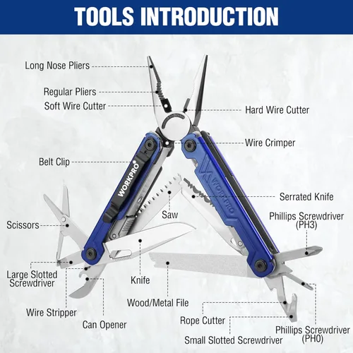Vista 2 de WORKPRO Multiherramienta con cuchillo de bolsillo, regalo de cumpleaños para hombres, papá, padre, marido, alicates de acero inoxidable 18 en 1