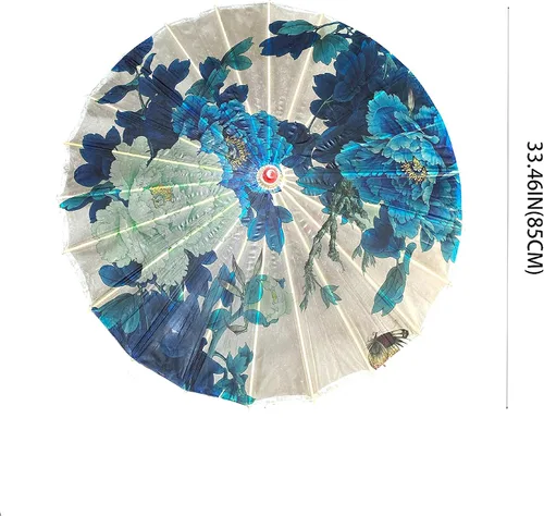 Vista 3 de THY COLLECTIBLES Impermeable hecho a mano chino aceitado papel paraguas sombrilla 33" flores azules y blancas