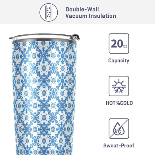 Vista 4 de Taza de acero inoxidable azul con patrón floral de copo de nieve, tapa a prueba de fugas y tazas de paja para café para la escuela, deportes