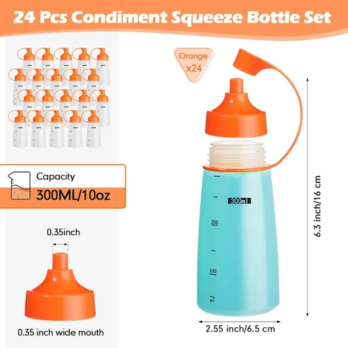 Vista 2 de Dandat 24 botellas exprimibles de boca ancha para salsas, ketchup, botellas exprimibles de condimentos para dispensadores vacíos, salsa de tomate