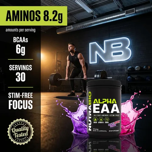 Vista 8 de NutraBio Alpha EAA - Aminoácidos de Todo el Día para el Crecimiento Muscular e Hidratación - Aminoácidos Esenciales con Nootrópicos y Adaptógenos