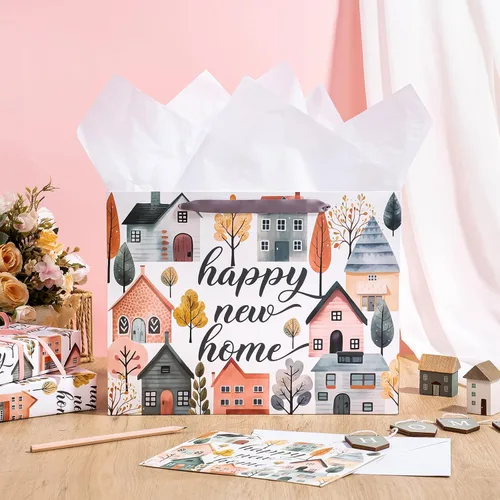 Vista 4 de WRAPAHOLIC Bolsa de regalo de 13 pulgadas con tarjeta y papel de seda, bolsas de papel de diseño Greeny House para inauguración de la casa, regalo