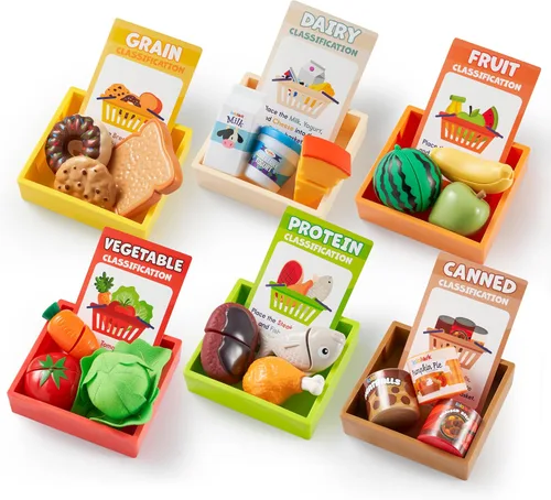 Vista 2 de JOVA lalalark Play Food para niños pequeños, juego de tienda de comestibles para niños, juguete de cocina con estantes de almacenamiento y 6 cajas
