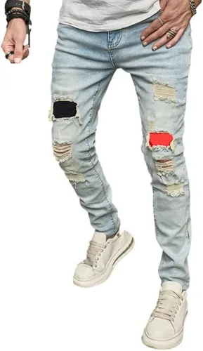 Vista 4 de Jeans ajustados para hombre de pierna recta, pantalones vaqueros ajustados elásticos impresos para hombre