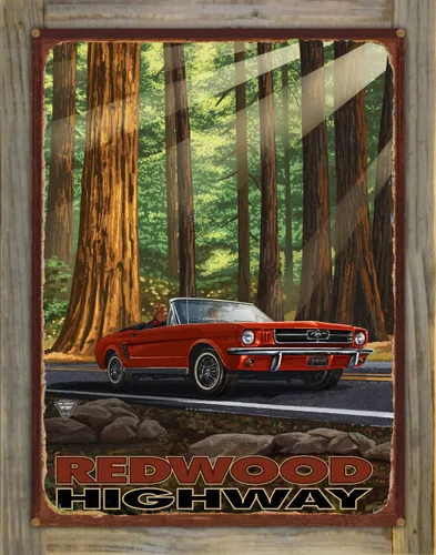 Vista 6 de California Redwoods Highway Mustang In Redwoods - Impresión artística de metal rústico de obras de arte de viaje por el artista Paul A. Lanquist 8.5