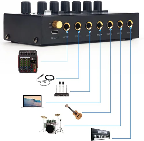 Vista 4 de Mezclador de sonido, mezclador de audio profesional, consola de tablero de sonido de bajo ruido, 6 canales, mezclador de línea estéreo para clubes
