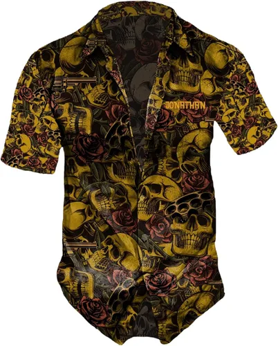 Vista 3 de Camisas hawaianas de calavera para hombre, camisa de calavera y flor, camisa hawaiana de flores hawaianas para hombre, camisa hawaiana de verano