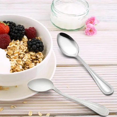 Vista 6 de E-far Juego de 12 cucharaditas de acero inoxidable con borde perlado de 6.7 pulgadas, cucharas de té de postre pequeñas para el hogar, cocina
