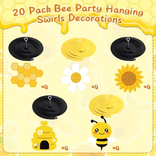 Vista 3 de 20 decoraciones de remolinos colgantes de abejorros, remolinos colgantes para fiesta de abejas, serpentinas de techo, suministros de fiesta temática