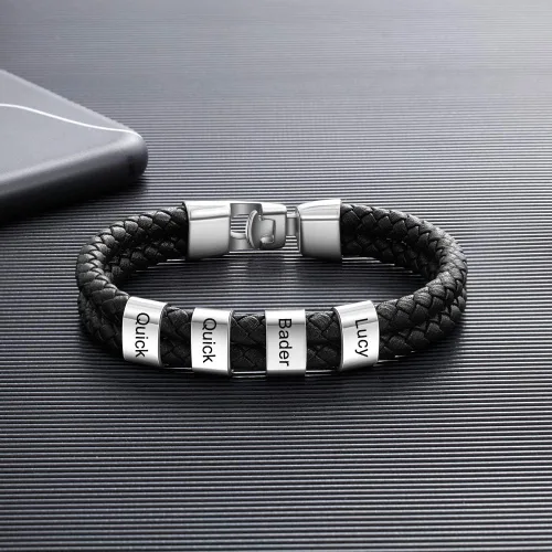 Vista 3 de Pulseras de cuero personalizadas para hombre, pulsera con nombre para papá, grabado gratuito, cuentas de nombre de familia, pulseras