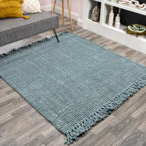 Vista 14 de JONATHAN Y Alfombra de yute tejida a mano con borlas color azul claro/gris, 5x8, Pata, estilo bohemio, rústico, de cabaña, fácil de limpiar