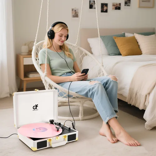 Vista 4 de Tocadiscos de vinilo Bluetooth, tocadiscos portátil vintage de 3 velocidades con 2 altavoces integrados, grabación USB, tocadiscos