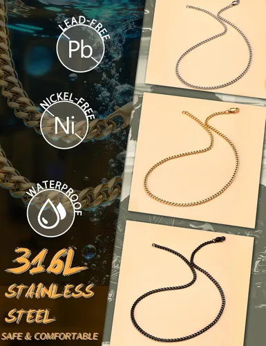 Vista 2 de Jstyle Cuban Link Chain for Men Women 316L Stainless Steel Chain Necklace 3.5mm Non Tarnish Necklaces Black Silver Gold Tone Chains 1618202224262830