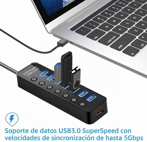 Vista 2 de Extensor USB Hub 3.0 alimentado, divisor de concentrador de múltiples puertos para computadora portátil con adaptador de corriente y puerto de 7