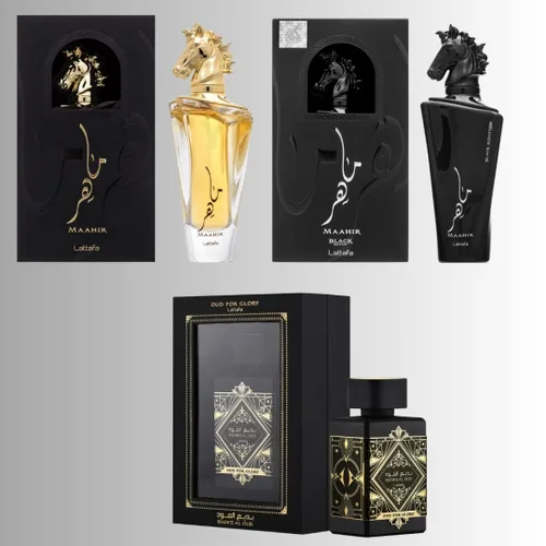 Vista 3 de Lattafa Set de regalo unisex de 3 piezas Eau de Parfum (Bade'e Al Oud Oud for Glory + Maahir + Maahir Black Edition para hombres) 3.4 onzas (100 ml)