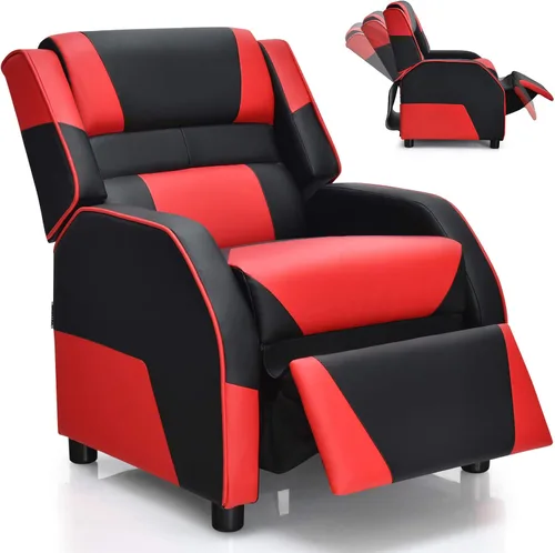 Vista 11 de Giantex Silla reclinable para niños, silla reclinable para juegos con reposapiés, reposacabezas y soporte lumbar, silla ergonómica de cuero para Azul