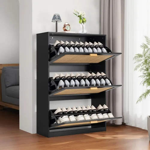 Vista 11 de Finnhomy Zapatero extendido con cajones abatibles de ratán natural para entrada, organizador de zapatos delgado de 2 niveles con tablero superior