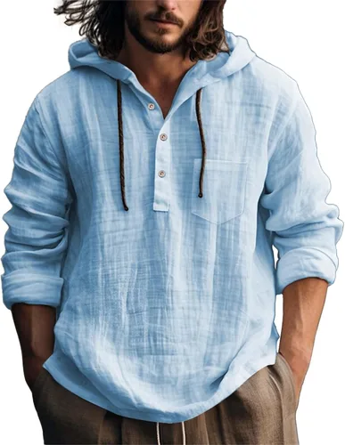 Vista 21 de Camisas de lino para hombre, ligeras, con botones, de manga larga, con capucha, ajuste regular, de algodón, para la playa
