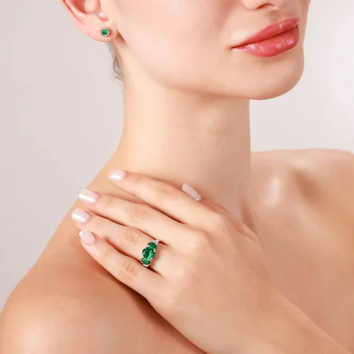 Vista 2 de Silvershake Anillo de Declaración Clásico de 3 Piedras de Forma Ovalada con Gemas de Piedra Natal de Plata Esterlina 925 Chapado en Oro Blanco o Oro