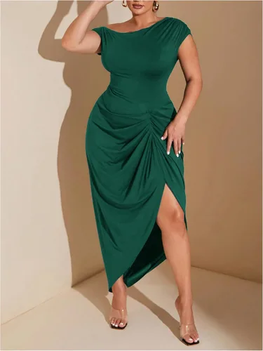 Vista 4 de Floerns Vestido de cóctel con cuello asimétrico y dobladillo fruncido para Verde oscuro