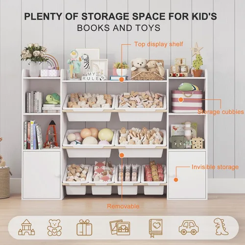 Vista 5 de Organizador de almacenamiento de juguetes con 8 cubos de juguetes, organizadores de juguetes para niños y almacenamiento con estante, estantería
