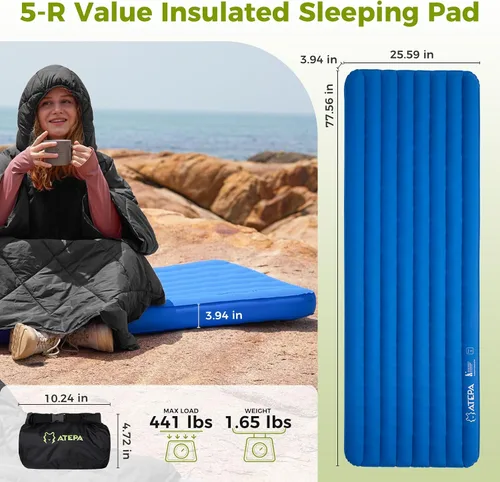 Vista 3 de ATEPA ThermAir Pro 5 R-Value - Colchón de aire aislado ultraligero para 4 estaciones, tapete de dormir silencioso de 4 pulgadas de grosor con saco