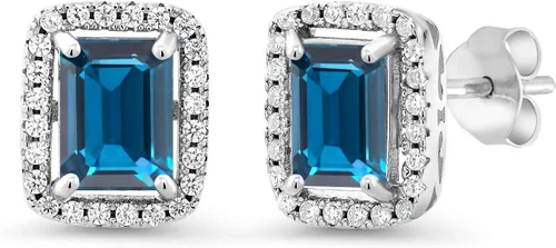Vista 44 de Gem Stone King Aretes de plata de ley 925 con piedra natal Corte esmeralda de 0.315 x 0.236 in Aretes de halo para mujer