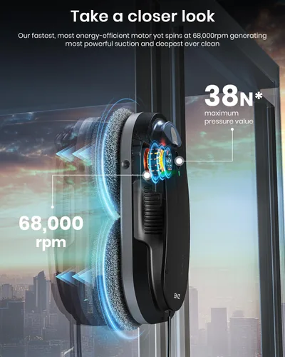 Vista 5 de BNZ Robot Limpiador de Ventanas Inteligente, Limpiador de Ventanas con Turbo Doble y Doble Espray Automático con Múltiple Sistema de Seguridad