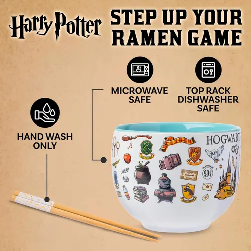 Vista 3 de Silver Buffalo Harry Potter Icons, cuenco de ramen con palillos, 20 onzas Harry Potter Hogwarts Iconos