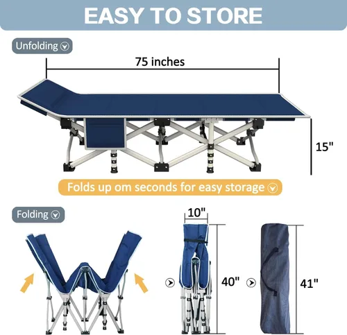 Vista 5 de Paquete de 2 catres de camping con colchón, catres cómodos para catres de dormir para adultos, cama plegable de doble capa Oxford, fácil