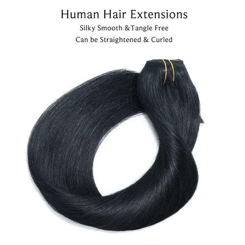 Vista 2 de Extensiones de cabello con clip Ubetta de cabello humano real, extensiones de cabello negro azabache con clip, 7 piezas, 70 g, extensiones