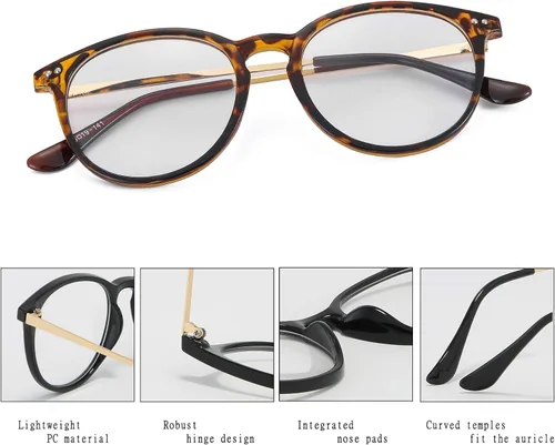 Vista 3 de Lentes falsos de lente transparente sin receta para mujeres y hombres lentes retro con marco de metal redondo